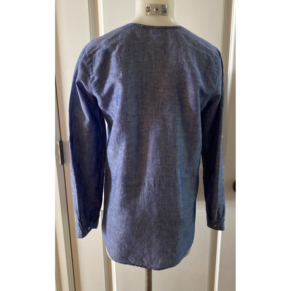 Max Studio Blue Long Sleeve Henley Linen Blend Popover Size Small Rolled Sleeve - Picture 6 of 11